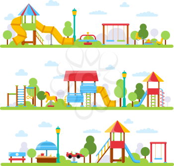 Horizontal illustrations with various views of children playground in urban park. Vector kindergarten scene for play and game