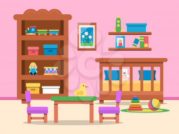 Vector picture of kids room interior. Bed, table and various toys. Illustration of bedroom for child or kid, playroom with cot and furniture