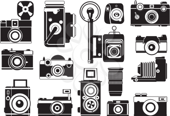 Pictures set of retro cameras. Vector monochrome illustrations. Camera photo retro, photography vintage lens