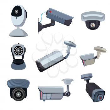 Security cameras. Cctv systems video control, looking and surveillance, monitored guard. Vector illustration