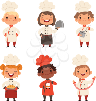 Kids characters prepare food. Character child chef profession, waiter and baker, confectioner illustration