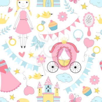Princess seamless pattern. Various fairytale attributes. Illustration of crown and castle background