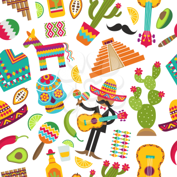 Mexican seamless pattern. Colored pictures of various mexican symbols. Vector sombrero and skull, guita and, maracas, cactus and tequila illustration