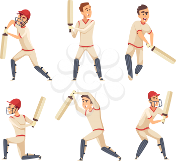 Sport players of cricket. Vector characters isolated. Sport man with bat, cricketer batsman illustration