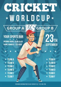 Sport poster of cricket. Placard invitation at championship of cricket. Vector competition banner world cup illustration