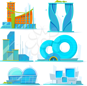 Futuristic buildings set. Vector flat pictures of various stylized buildings. Architecture stylization building, construction skyscraper architectural illustration