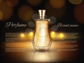 Perfumes advertizing. Realistic illustrations of perfumes bottles. Vector perfume advertisement with container glass