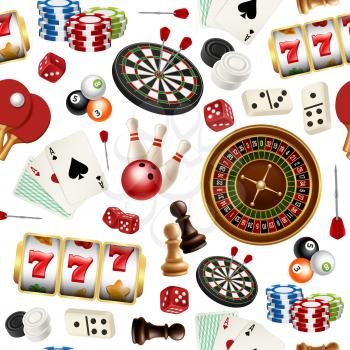 Casino pattern. Poker cards doodle domino bowling darts roulette checkers vector symbols of games seamless realistic illustrations. Poker and roulette, dice and casino gambling