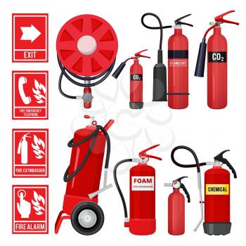 Red fire extinguisher. Firefighter tools for flame protection vector illustrations of various extinguisher types. Fire instruction extinguishing signboard