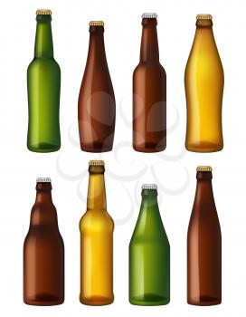 Blank beer bottles. Colored glass containers, vessels for brown and light craft and green beer. Realistic vector illustrations bottles. Set of beer glass container, bottle for alcohol beverage