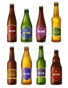 Beer bottles labels. Alcohol cold drinks containers vessels badges design projects. Vector illustrations isolated beer alcohol glass bottle collection