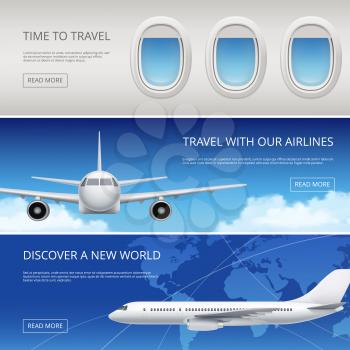 Sky airplane tourism banners. Civil aviation pictures of blue sky and aircraft windows wings vector illustrations place for your text. Web banner page aviation and airplane transport, fly travel