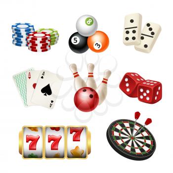 Casino game icons. Playing cards bowling domino darts dice vector realistic illustrations of play tools. Play game casino, dice and bowling