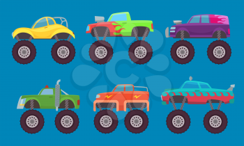 Monster truck cars. Automobiles with big wheels creature auto toy for kids vector pictures isolated. Illustration of 4x4 truck car, model toy motor