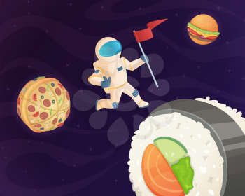 Astronaut on food planet. Fantasy space world with candy fast food burger pizza and various sweets stars fantastic sky vector background. Cosmonaut in cosmic space dream with burger illustration