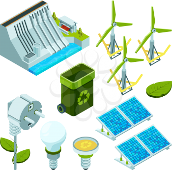 Green energy. Saving factory power electric hydro turbines ecosystem various technology 3d isometric vector symbols. Power turbine, electric hydropower illustration