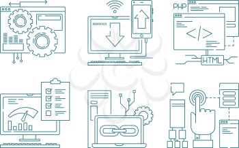Web development line icons. Seo mobile layout web design creative process code website and app for smartphones vector pictures. Illustration of development optimization, seo link programming project