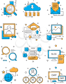 Digital media icons. Social marketing, community people group to web talk mobile connection illustrative colored line vector symbols. Web social community, chat and login connecting illustration