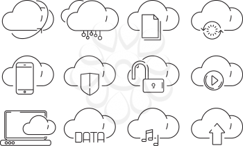 Cloud computing icons. Secure web online storage with private information internet ftp infrastructure connected vector symbols. Illustration of web cloud data storage, network computing information