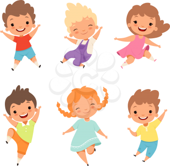Jumping children. Cute surprised playing crazy happy kids male and female boys and girls vector cartoon characters. Female and male joy, young jumping illustration