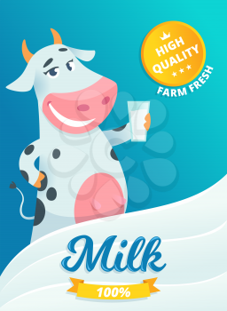 Milk advertizing. Smiling cow standing with glass of fresh farm milk in package healthy vitamin milkshake splash vector cartoon. Banner milk cow farm, mascot adorable illustration