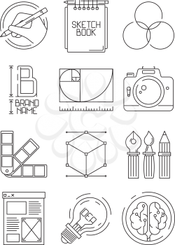 Creative process icons. Sketch design branding blogging graphic creative symbols of artists peoples vector illustrations. Business design development process, creative digital tools branding sketch