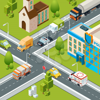 City crossroad traffic. Intersects cars moving crossing road safety zebra symbols isometric urban landscape vector illustrations. Road traffic city, 3d isometric street, highway crossroad