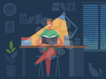 Reading book hobbies. Man sitting at table and reading magazine in dark room interior vector flat character illustration. Hobby student read, boy with book