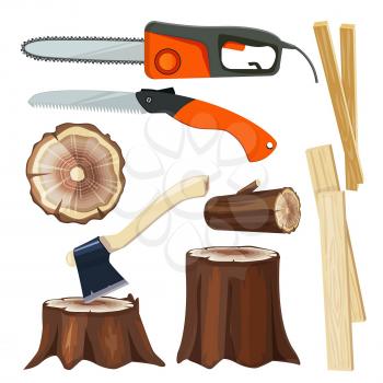 Wood industry. Forestry branch and trunks luber collection vector cartoon illustrations. Industry wood work, log timber and tools saw and axe