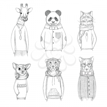 Fashion animal characters. Hipster hand drawn pictures animals in various clothes vector pictures. Animal panda and giraffe, sketchy bear and cheetah illustration