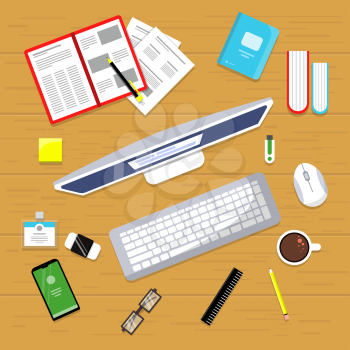 Office table top view. Business finance manager workspace with laptop books mouse pc vector flat concept pictures. Illustration of workplace office, organization and management
