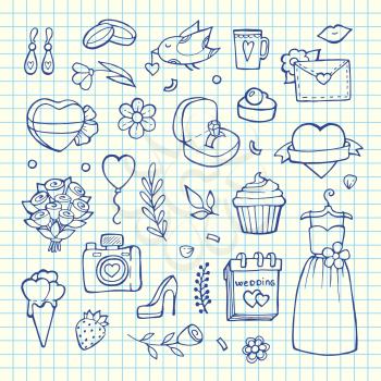Vector doodle wedding elements set on blue cell sheet background illustration