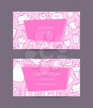 Vector doodle wedding elements business card template for wedding dresses shop or manager illustration