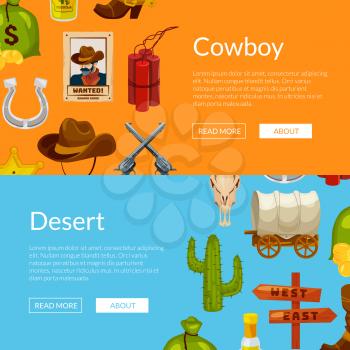 Vector cartoon wild west elements web banner and poster page templates illustration