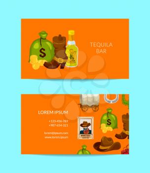 Vector cartoon wild west elements business card template for bar illustration