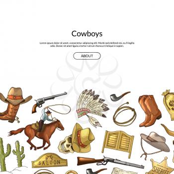 Banner and web poster vector hand drawn wild west cowboy elements background with place for text illustration