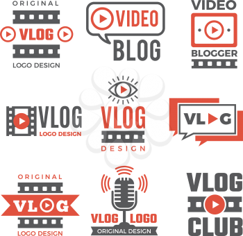 Set of logotypes for video bloggers. Vlog emblem and vlogging video. Vector illustration