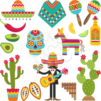Mexican symbols. Vector design template of Traditional Mexican elements. Mexico and sombrero, guitar and maracas, cactus and tequila illustration