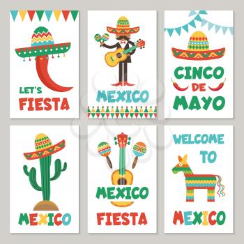 Cards with mexican symbols. Vector mexico card, fiesta and cinco de mayo illustration