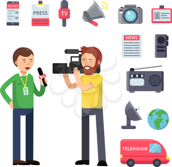 Set thematic symbols of broadcasting and interview. Vector characters isolated. News journalist character, media report journalism, television and broadcasting illustration