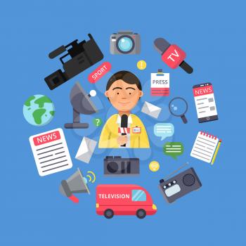 Media concept with picture of journalist and various specific equipment for broadcasting and copyrighting work. Vector journalism and television interview illustration