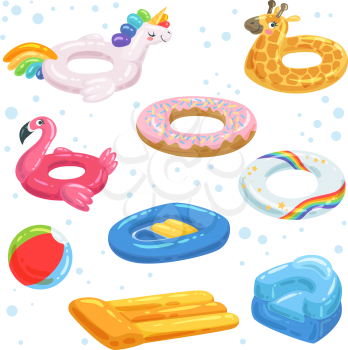 Inflatable rubber, mattresses balls and other water equipments for kids. Ring multicolored giraffe and boat, flamingo and unicorn. Vector illustration