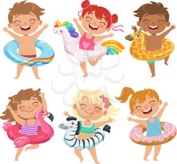Happy childrens dressed in rubber circles. Playing games in water park. Summer inflatable ring for sea or pool, vector illustration