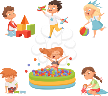 Preschool childrens playing in various toys. Vector illustrations in cartoon style. Child preschool, play kids with toy in kindergarten