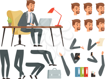 Businessman workspace. Vector mascot creation kit. Various key frames for business character animation. Business man character emotion and gesture, create animation illustration