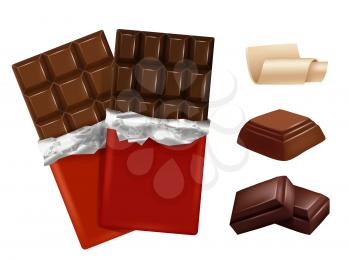 White and dark chocolate. Vector pictures of different pieces of chocolate. Sweet chocolate dessert, food candy yummy illustration