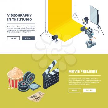 Video and photo production. Vector template of horizontal banners. Studio film movie, video clapboard and equipment illustration