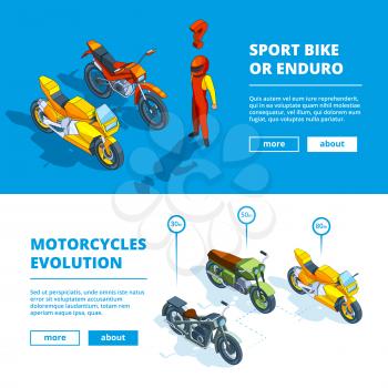 Motorcycles banners. Vector template design of horizontal banners for motorsport. Motorcycle isometric transport, bike banner evolution illustration