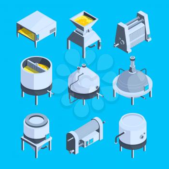 Brewery isometric. Vector plant for production of beer. Production isometric beer, brewery and brewing beverage process illustration