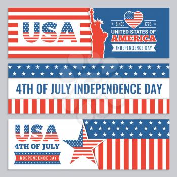 Web banners of USA independence day. Vector design template of horizontal banners with Americans identity symbols on white background